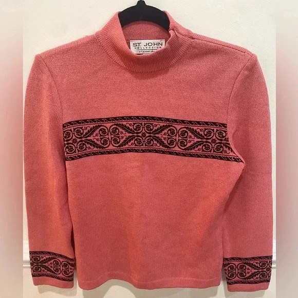 St. John Collection Marie Gray Salmon Mock Neck Sweater Black Scroll Small - Picture 5 of 10